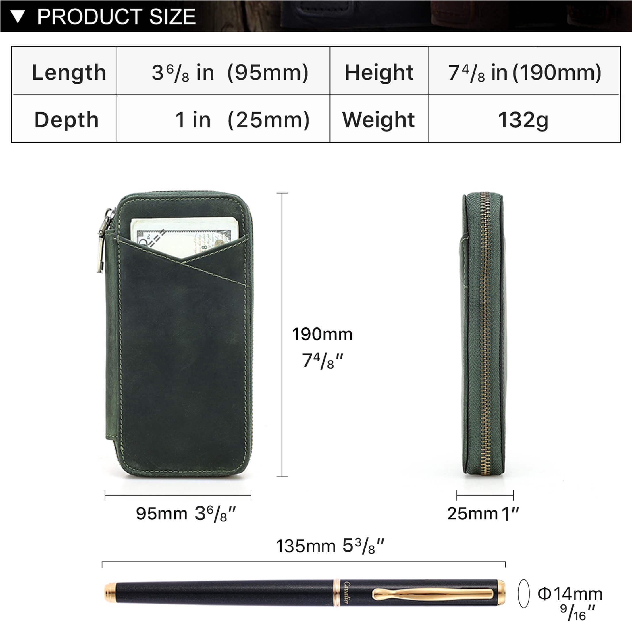 Hiram Genuine Leather Pencil Case with 4 Slots, Handmade Multifunctional Zipper Fountain Pen Bag, Student Stationery Pen Box (Green)