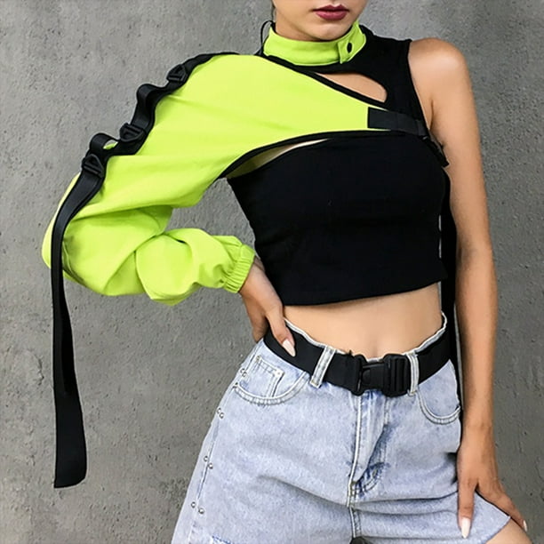 HGYCPP Women One Shoulder Reflective Crop Tops Choker Adjustable Buckle Long Cover Up Irregular Cutout T-Shirt Rave Party Shrugs -