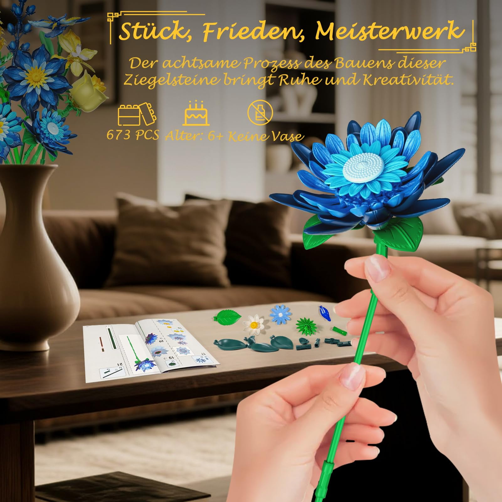 OKKIDY Glacia Daisy Flower Bouquet Building Blocks Set Compatible with Lego,Ice Blue Botanical Collection，Mother's Day Gift for Mom Women Adults & Girls