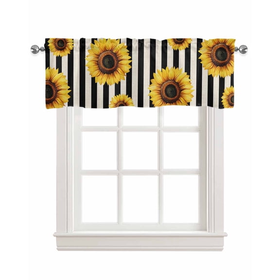 Yellow Sunflower Kitchen Valances for Windows Farmhouse Linen Window Valance Curtain for Living Room Window Treatment Black Beige Striped Retro Pastoral Valance Rod Pocket Topper Drape, 42 x 12 Inch