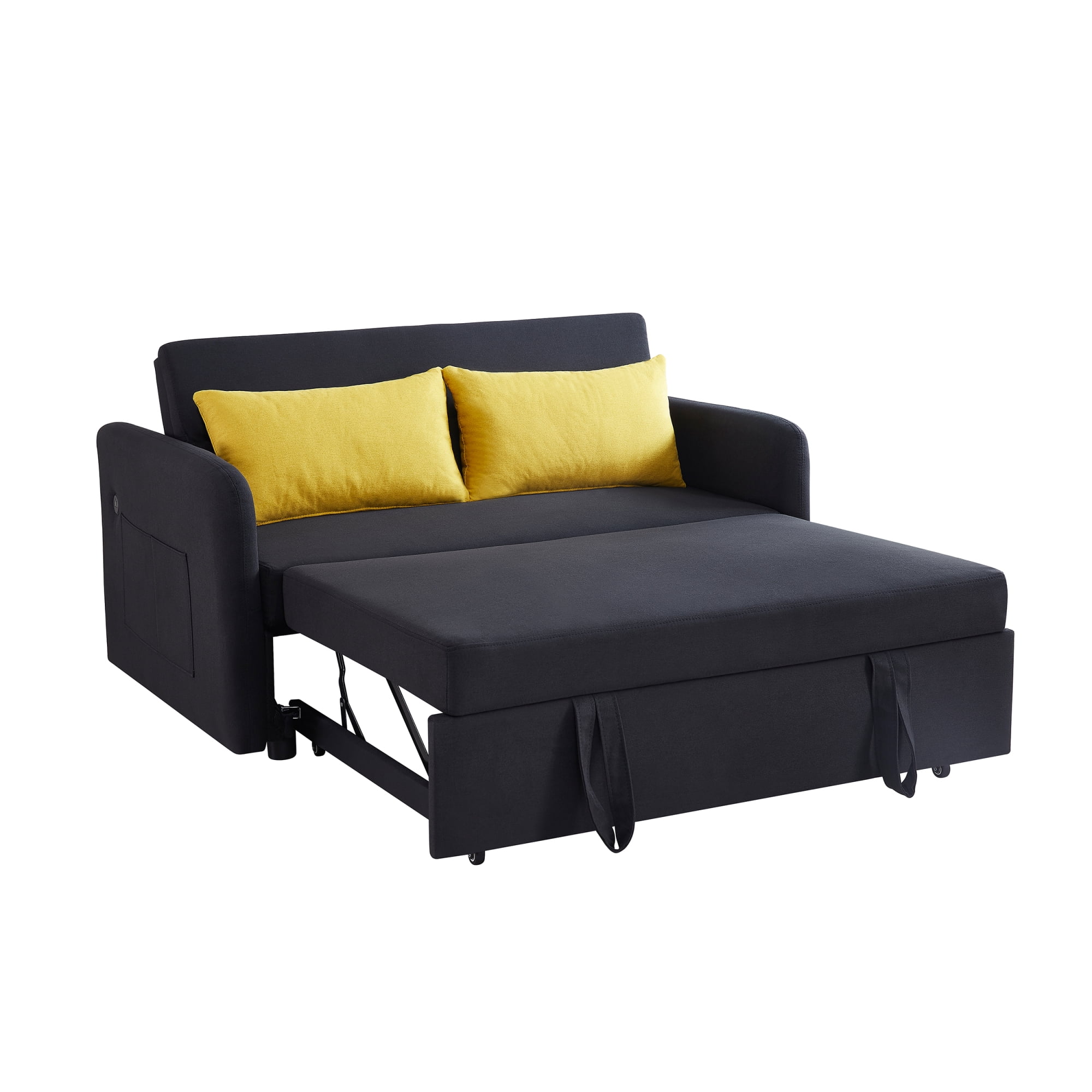 3 in 1 Convertible Sleeper Sofa Bed with Pull Out Bed ,Modern Linen Fabric Upholstered Loveseat Sofa Couch with 2 Pillows and Adjsutable Backrest,Black