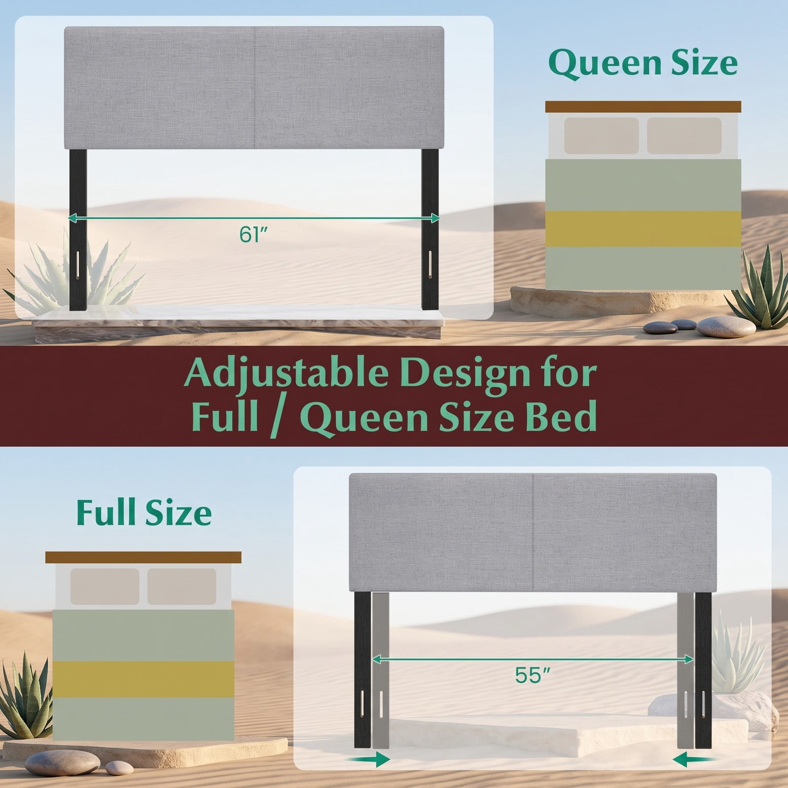 Furnibear Upholstered Headboard for Full and Queen Size Beds, Faux Linen Bed Frame Headboard with Adjustable Mounting Legs, Fits Queen Bed Frame, Gray