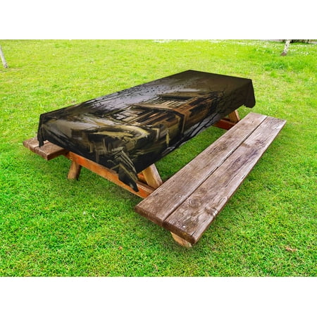 Rustic Outdoor Tablecloth, Old Haunted Abandoned Wood House at the Dark Night with Bats Scary Horror Paint, Decorative Washable Fabric Picnic Tablecloth, 58 X 120 Inches, Multicolor, by
