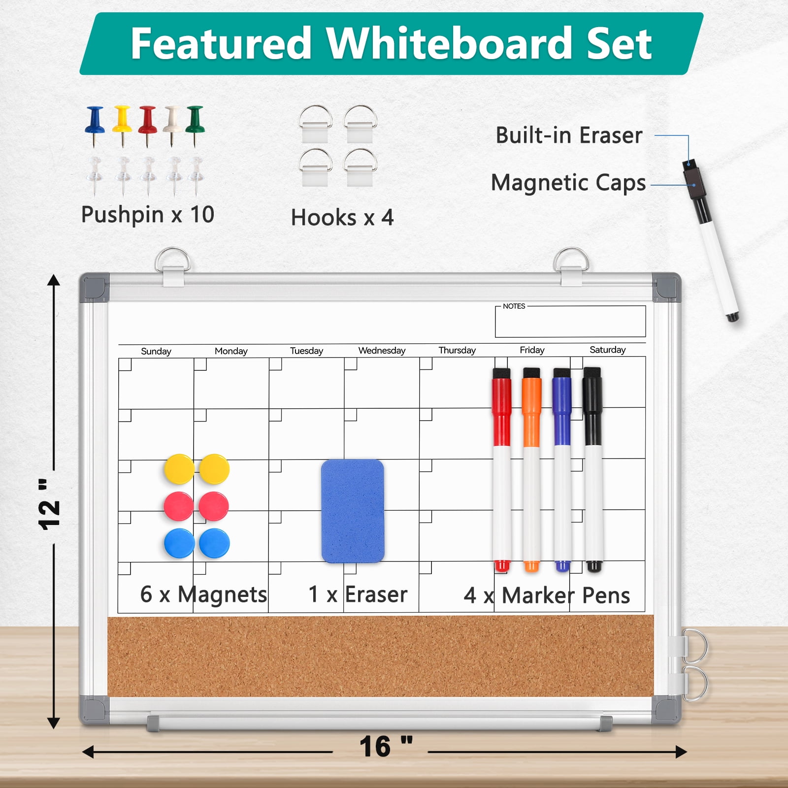 DOLLAR BOSS Monthly Calendar Whiteboard 16" x 12" Magnetic Dry Erase Board Combination Board Cork Board for Wall, Double-Sided White Board, Portable Board with Markers Magnets Eraser, White Frame