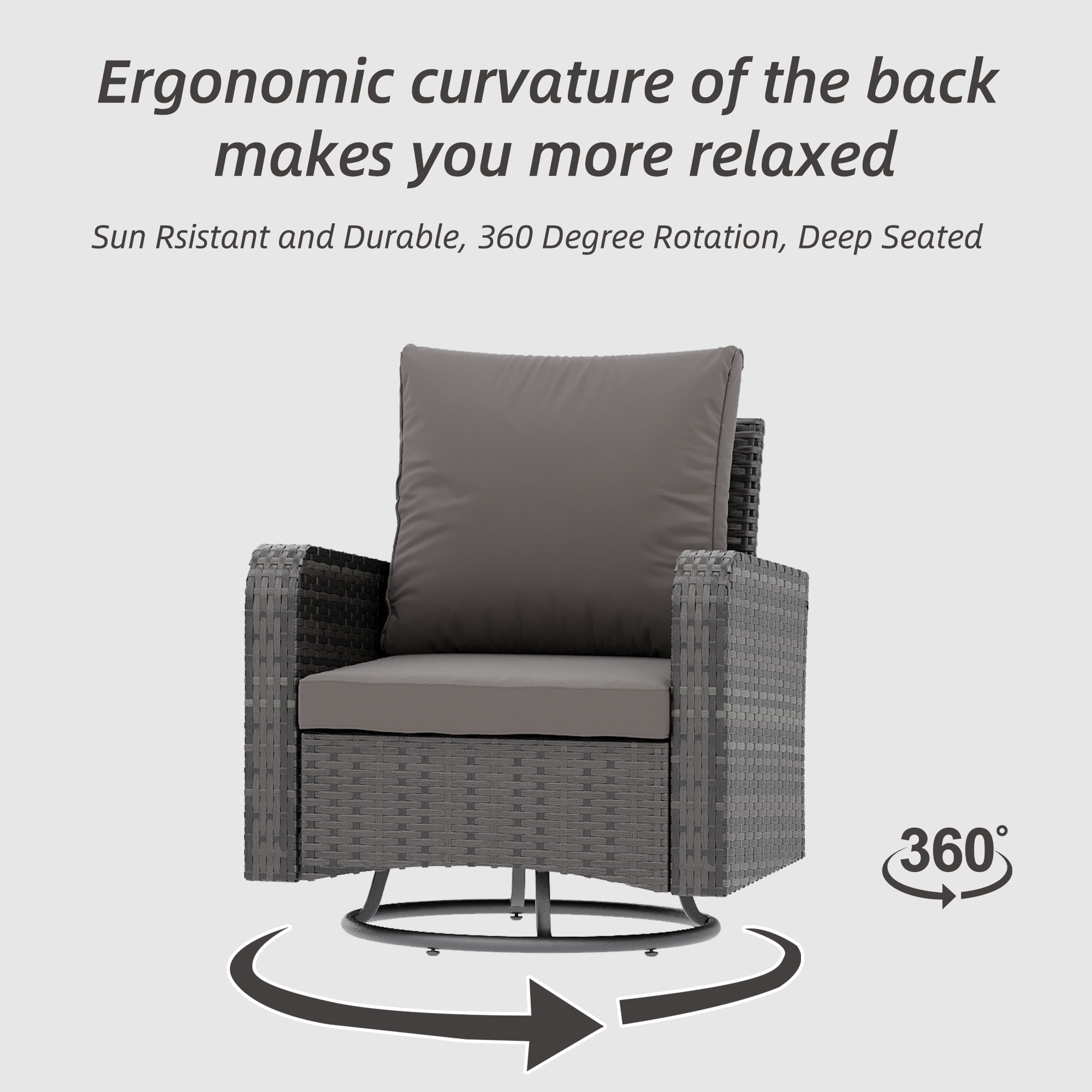 Homrest 3 Piece Outdoor Swivel Chairs -All Weather Wicker Patio bistro table and chairs set of 2 Small Patio Furniture Set for Balcony Porch Deck Backyard (Grey)