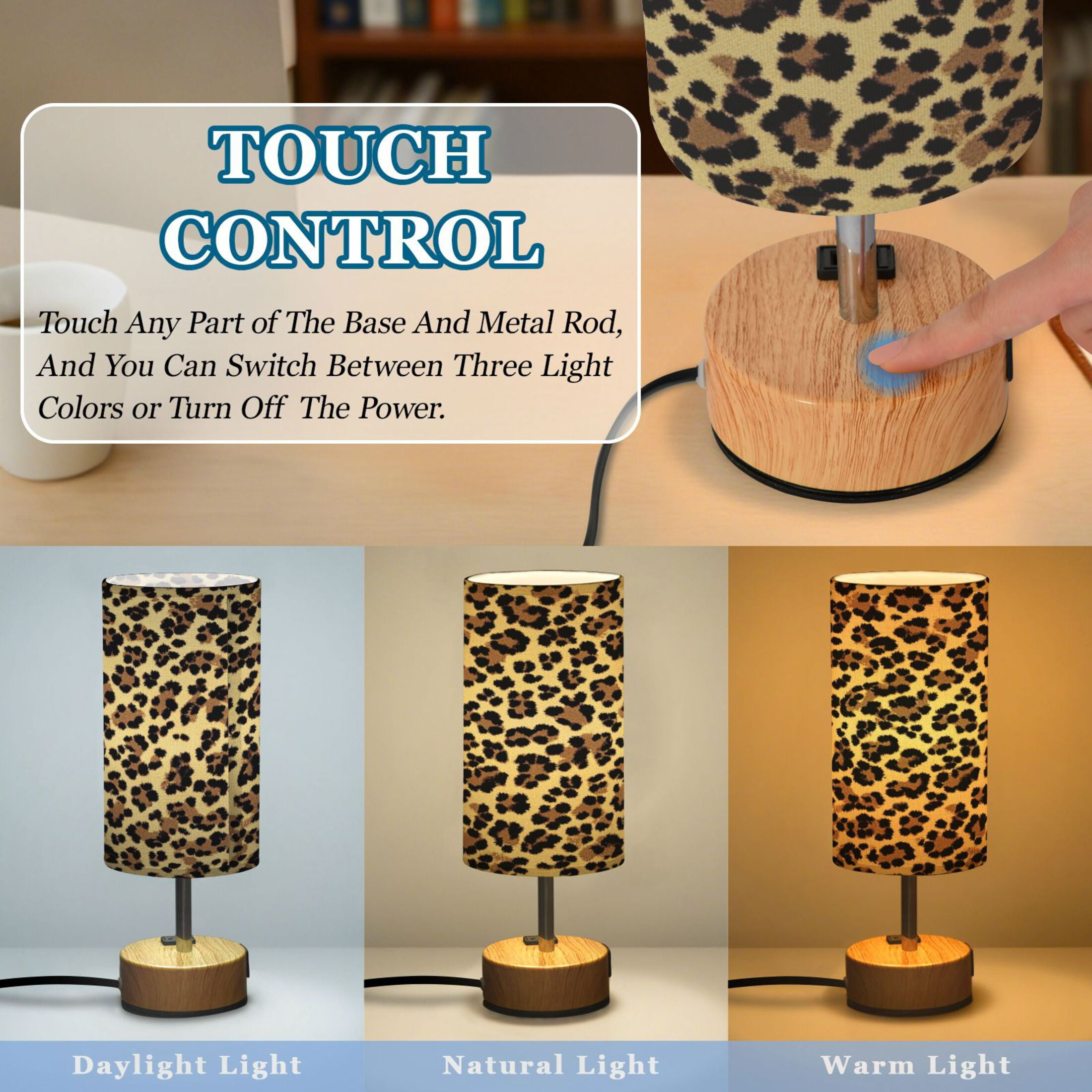 Wobogo Brown Leopard Bedside Lamp Touch Control Table Lamp with USB A+C Charging Ports & AC Outlet 3-Way Dimmable Nightstand Lamp with Linen Fabric Shade for Bedroom Living Room