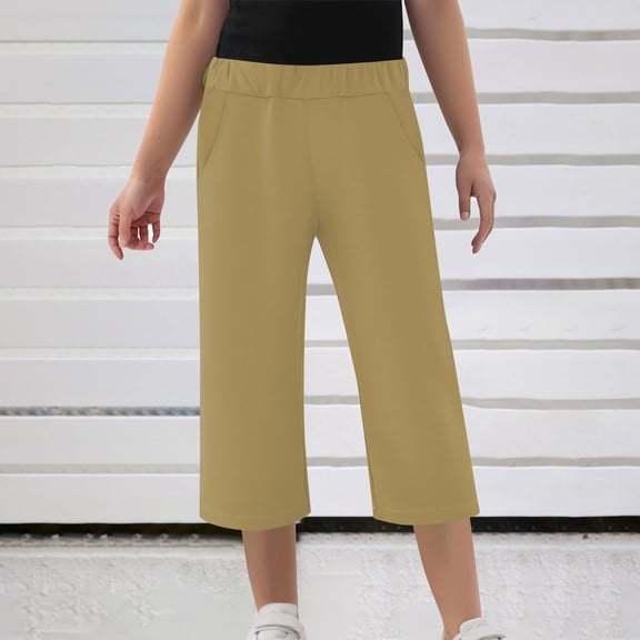 Children Kids Solid Color Capris Stretchy Casual Pull on Cropped Sports Pants with Pockets Khaki 13Y