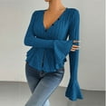 thumbnail image 4 of DAFPZW Womens Bell Sleeve Peplum Sweaters Fashion Fall V-Neck Button Down Elegant Ruffle Hem Sexy Slim Knit Tops Clothes, 4 of 5