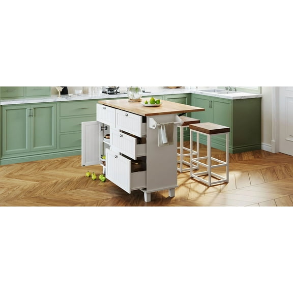 LiviNest Kitchen Island with Seating: Freestanding Kitchen Cart with Drop Leaf & 2 Stools - Farmhouse Style Rubber Wood Countertop with 4 Drawers & Cabinet Storage for Small Space Dining & Cooking Or