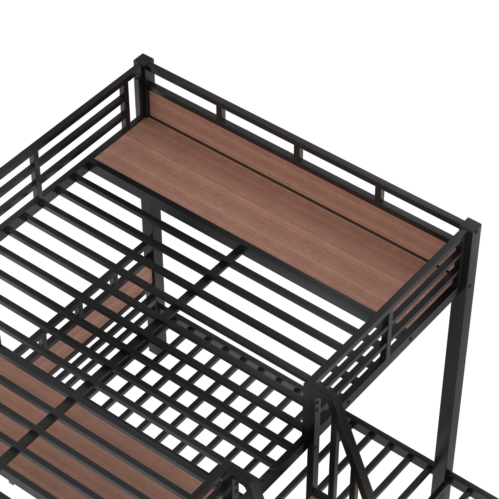 Aukfa Triple Bunk Bed with Storage Shelves & Stairs, Queen over Twin over Twin Metal Bunk Bed for 3, Space-Saving Heavy Duty Bed Frame, Black