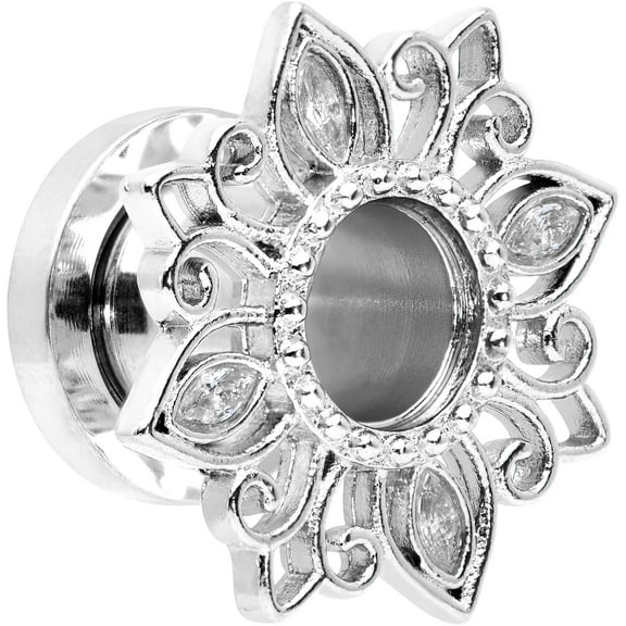 Body Candy Womens 2Pc Steel Clear Lotus Flower 2G Double Flare Screw Fit Tunnel Plug Ear Plug Gauges Set