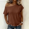 thumbnail image 4 of Craaazy Womens Short Sleeve Shirts Plus Size Loose Fit Solid Color Asymmetrical Neck Off The Shoulder Tops for Casual Summer, 4 of 9