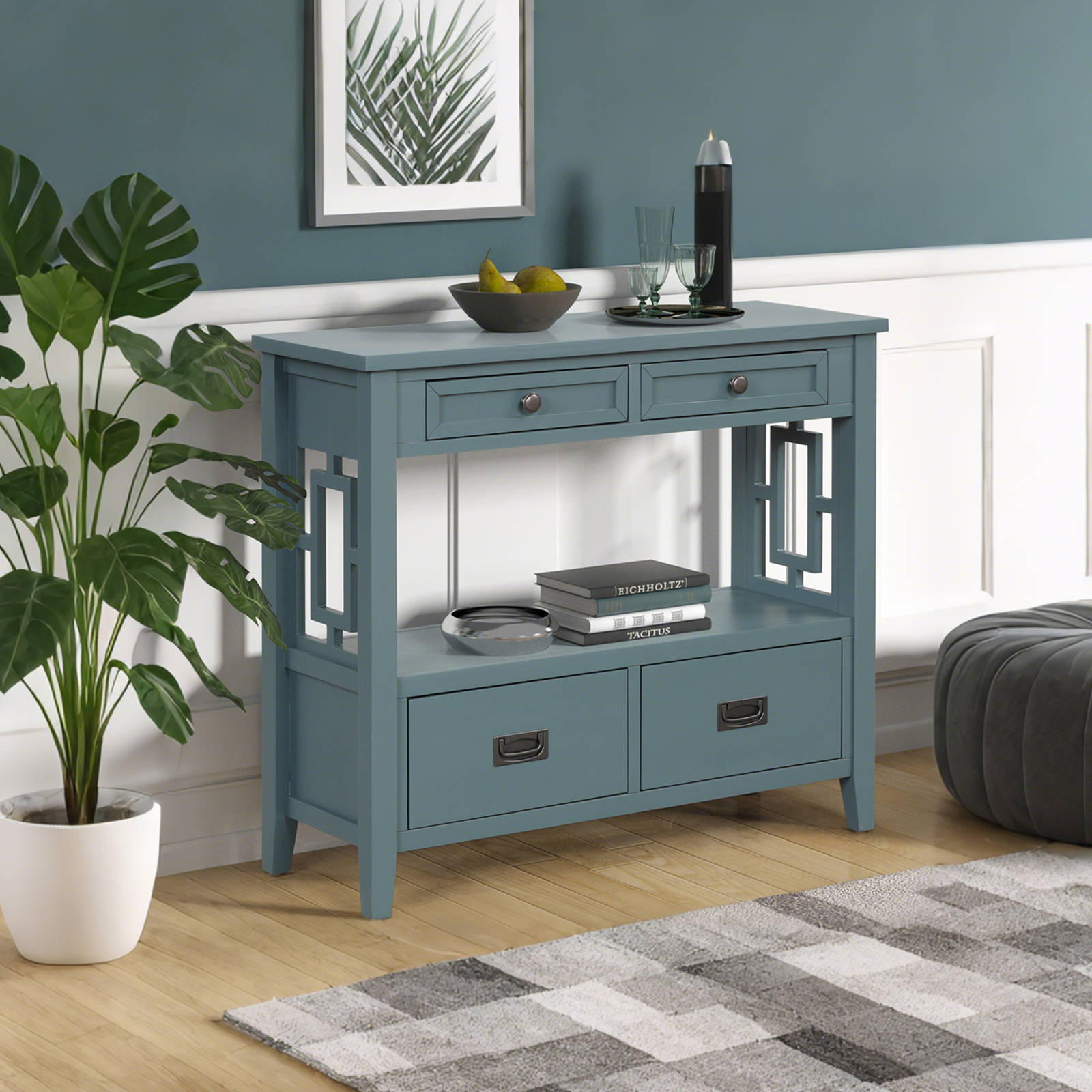 36'' Farmhouse Console Table,Pine Wood Entryway Table with 4 Drawers & 1 Storage Shelf for Entryway Living Room Hallway Kitchen (Blue Green)