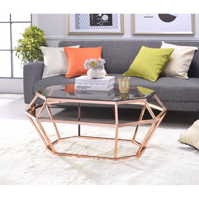 ACME Clifton Coffee Table in Rose Gold & Smoky Glass