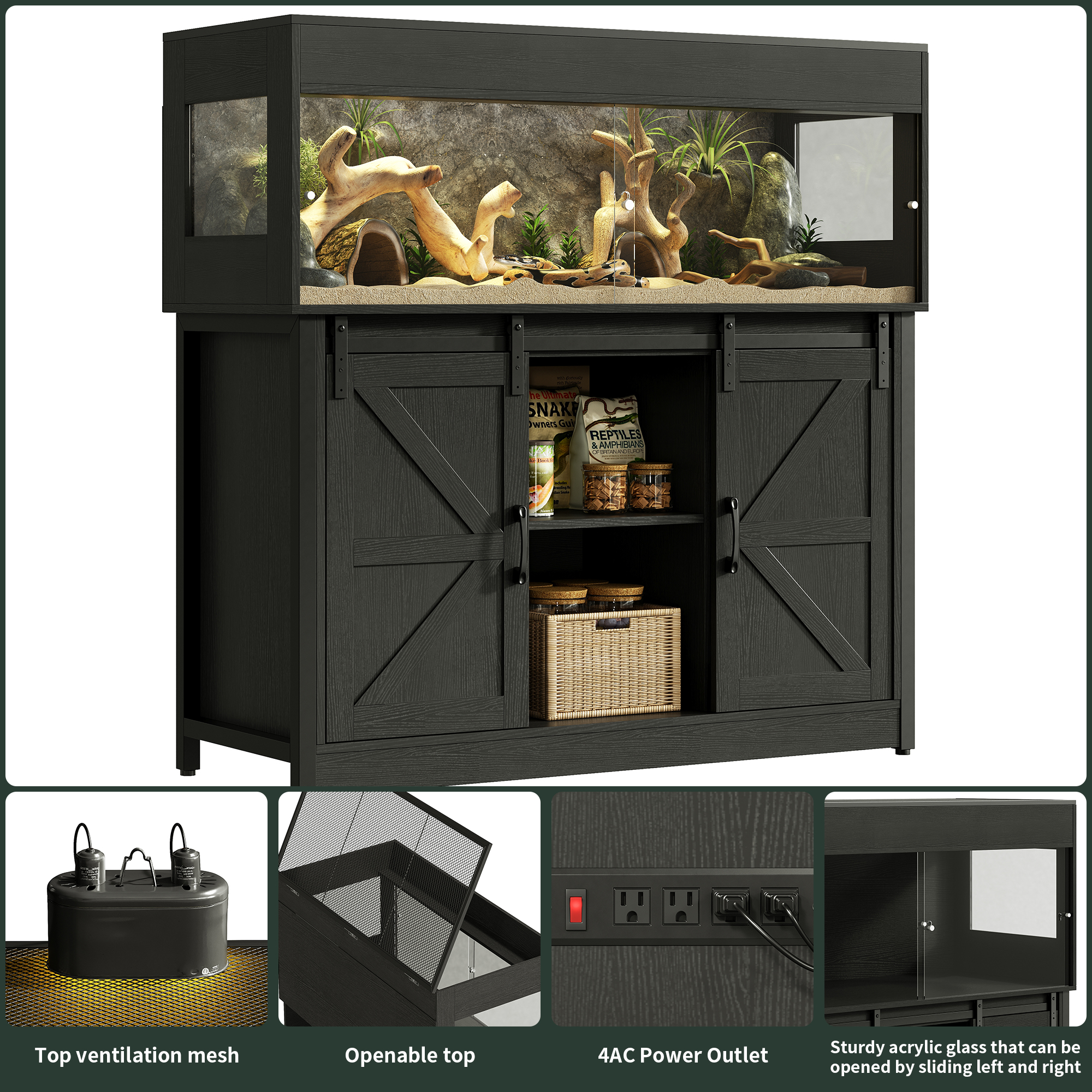 Herture 60 Gallon Reptile Terrarium with Stand, Terrarium Enclosure with Acrylic Doors, Storage Cabinet with Barn Door, Mesh Lid & Power Outlet – Vivarium Habitat for Medium Reptiles Black PX05RTB