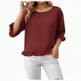 thumbnail image 2 of Towmus Womens 3/4 Sleeve Tops Knit Cotton Ladies Blouses Crew Neck T Shirts for Women Loose Fit Ruffle Sleeve Tunic Tops, L, Wine, 2 of 8