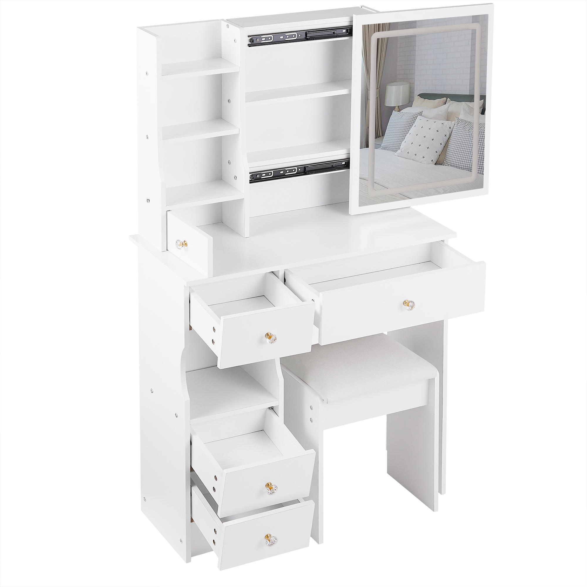 Homy Casa Vanity Desk with LED Lighted Mirror, Makeup Vanity Table with Drawers, Shelves, and Stool