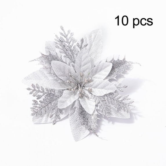 10PCS Christmas Glitter Flower,Artificial Poinsettia Flowers,Merry Christmas Tree Ornaments Decoration,Christmas Tree Wreaths,Garland Holiday Decoration
