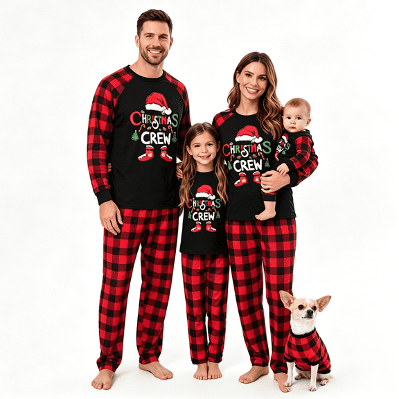 RUINIXCW Christmas Pajamas for Family Matching Xmas PJS Set Holiday Jammies Letter Christmas Hat Print Long Sleeve Tops and Plaid Pants Mommy and Me Christmas Outfits Sleepwear