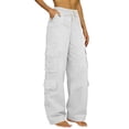 thumbnail image 2 of Women's High Waisted Work Pants with Drawstring, Loose Fit Cargo Pants with Multiple Pockets, Casual Straight Leg Trousers for Daily Wear, Streetwear and Outdoor Activities-White, 2 of 9