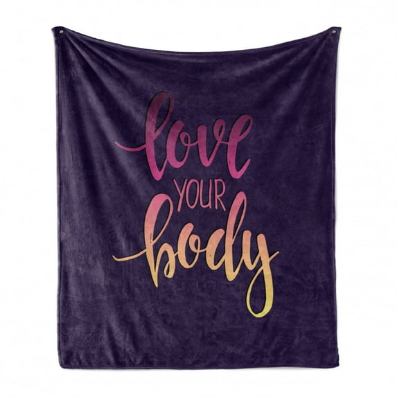Fitness Soft Flannel Fleece Throw Blanket, Love Your Body Hand Drawn Typography Inspirational Positive Attitude, Cozy Plush for Indoor and Outdoor Use, 50" x 70", Dark Purple Pink Peach, by Ambesonne