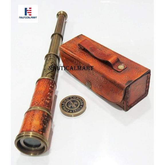 Brass Nautical Antique Working Telescope/Spyglass Replica in Leather Box, with Glass Optics, Extendable to 16 inches, Made of Pure Brass, Decorative Kids Scope