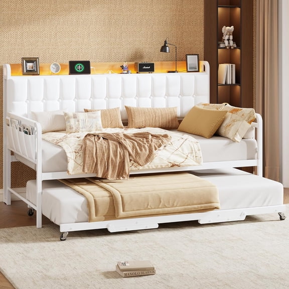 Twin Daybed with Trundle & LED Light - Upholstered Sofa Bed with Charging Station, Storage Headboard, Heavy Duty Metal Slats for Bedroom