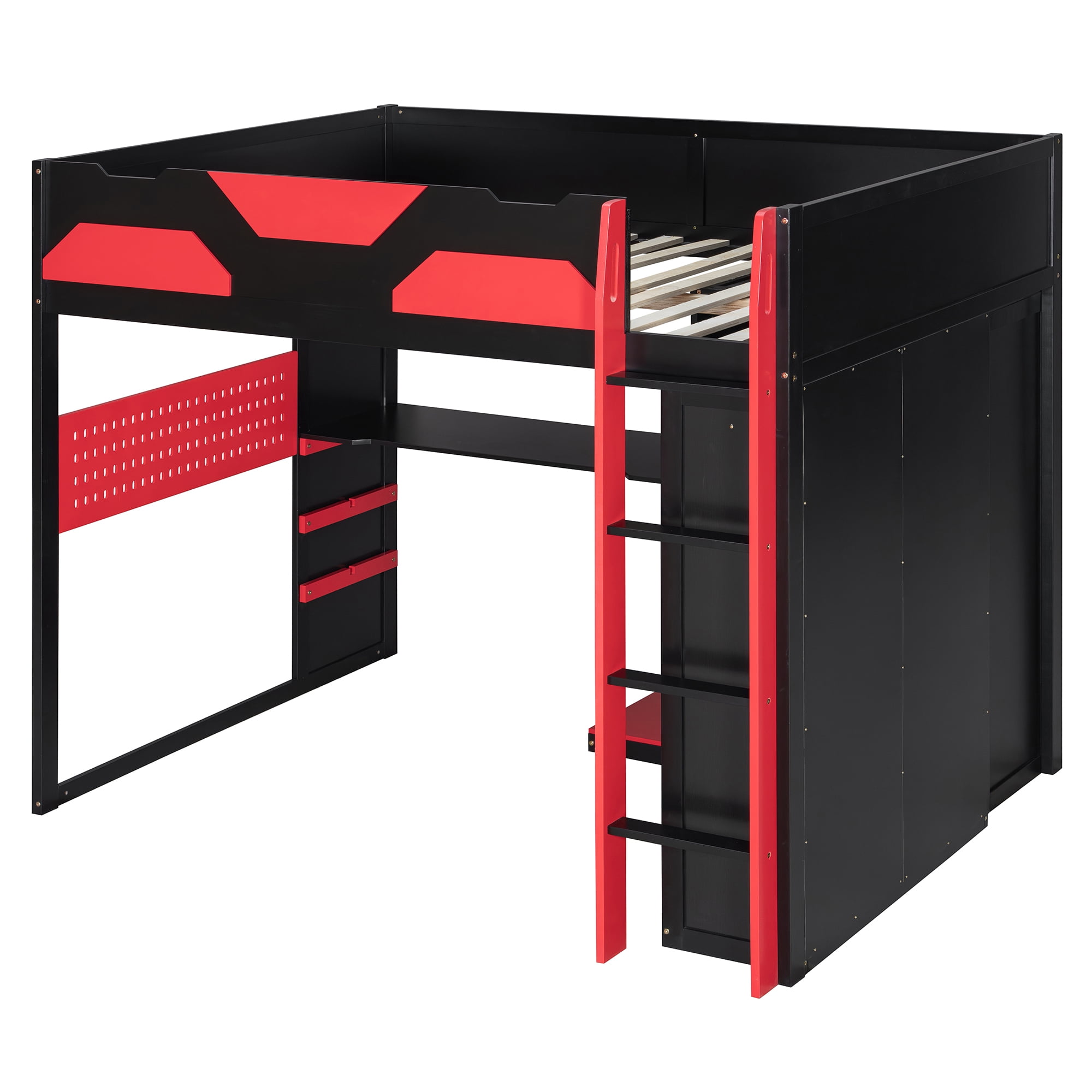 Mintazer Full Gaming Loft Bed with Adjustable Desk & Wardrobe, Modern Design with RGB Lights & Storage Pegboard, Black & Red