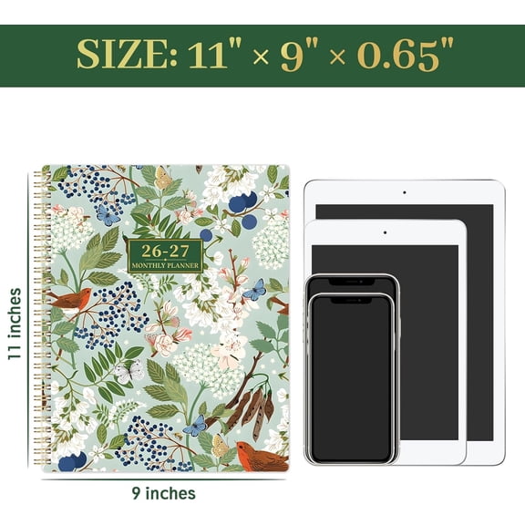 2026-2027 Monthly Planner - Academic Planner 2026-2027, JUL. 2026 - DEC. 2027, 9" x 11", 18 Monthly Calendar Planner with Colorful Tabs Back Pocket Twin-Wire Binding - Floral$$Office