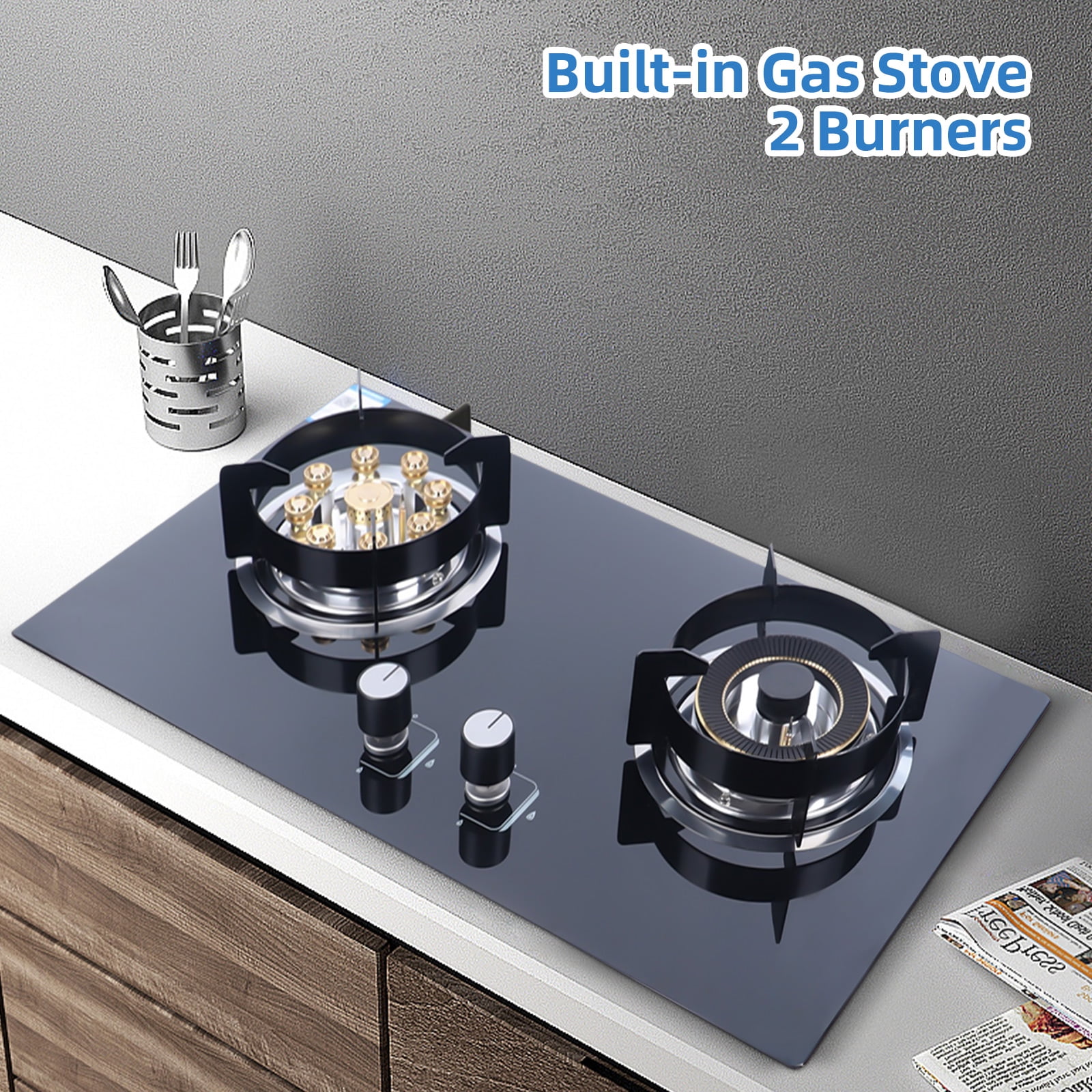 Dual Burner Gas Cooktop, 4.2KW & 5.2KW Power, Flameout and Anti-Backfire Protection, Electronic Pulse Ignition, Black