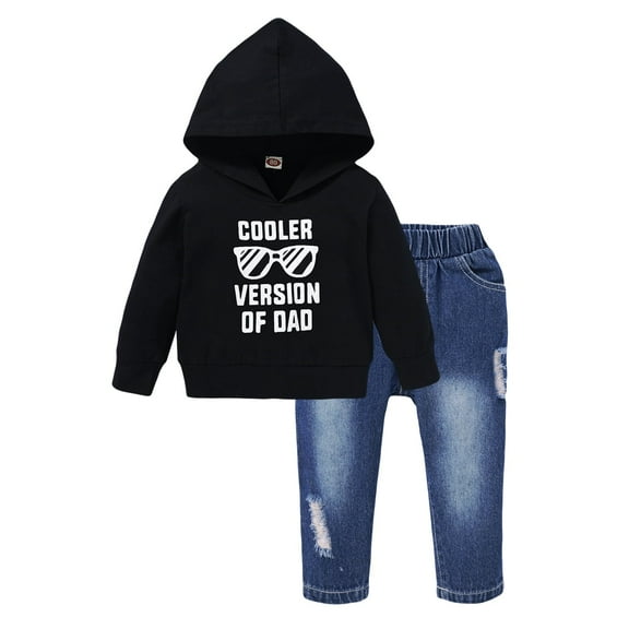 4T Toddler Baby Boys Clothes Baby Boys Outfits 4-5T Boys Long Sleeve Letter Print Hooded Top Jeans Pants 2PCS Set Black