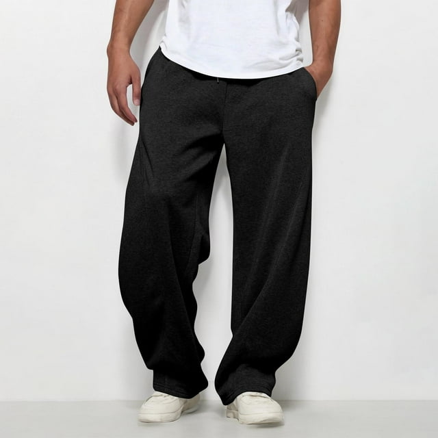 Ceisia Men's Solid Color Loose Wide Leg Sweatpants with Drawstring Elastic Waist for Casual Wear Black XXL Gifts