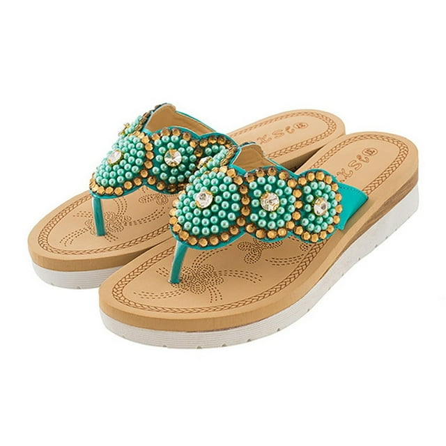 Mujeres señoras cadena cuenta plana Flip-Flop playa zapatos casuales verano Wmkox8yii hj789