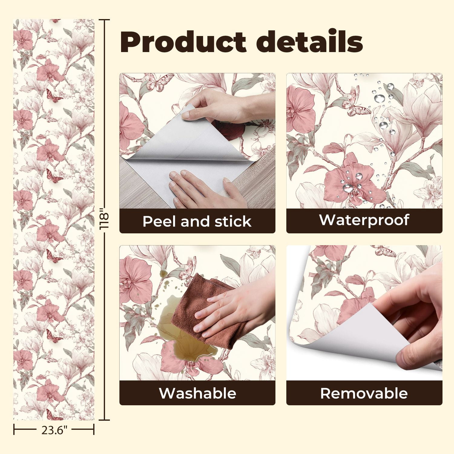 Peel and Stick Wallpaper Floral Magnolia Butterflies boho Pink Botanical Wall Mural 23.6in x 9.8ft Self Adhesive Removable Wall Paper Renter Friendly Wallpaper for Girls Women Bedroom Livingroom