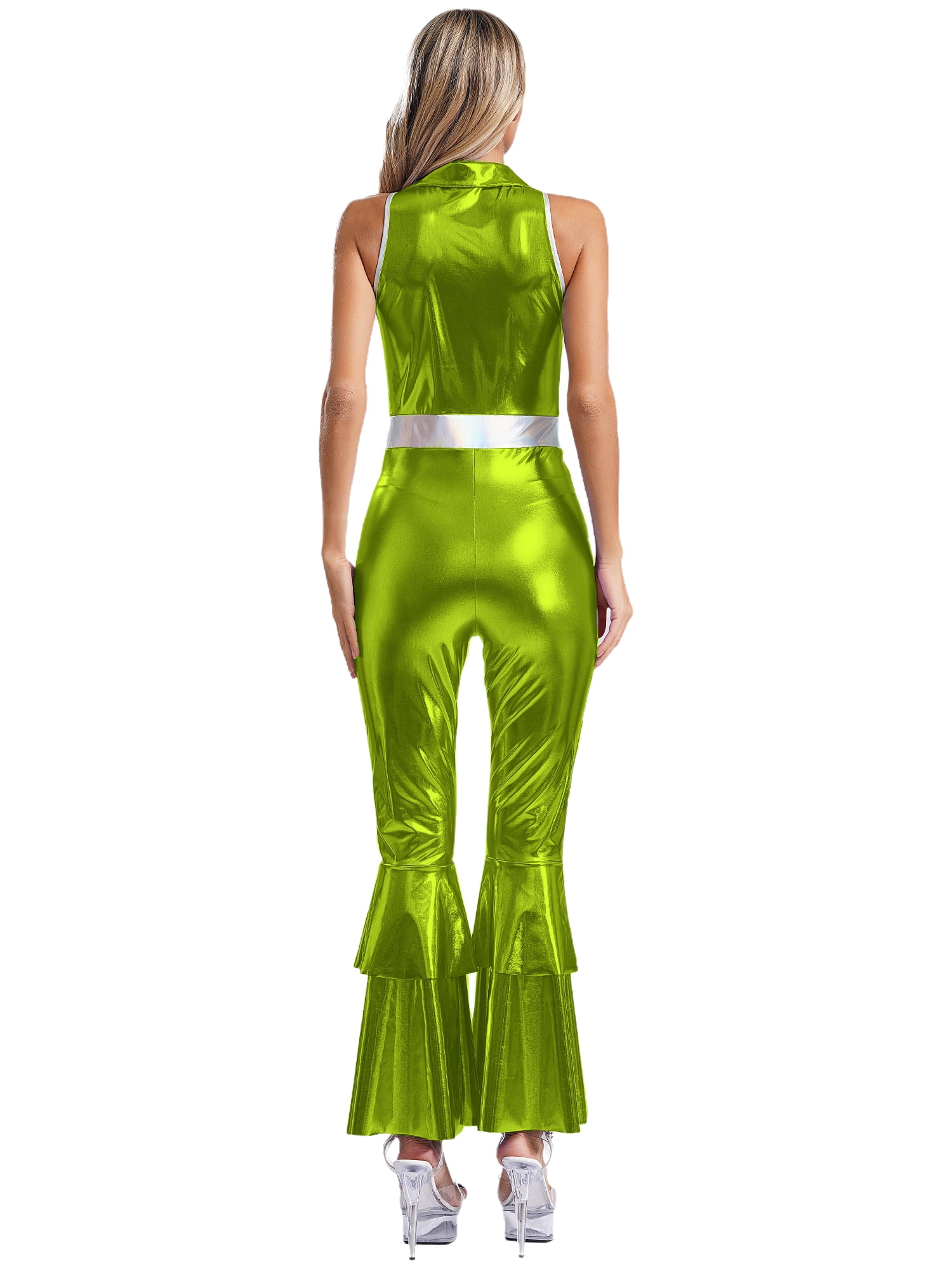iixpin 70s Costume Outfit for Women Lapel Sleeveless Disco Jumpsuit Holographic Shiny Disco Costume Green S