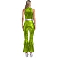 thumbnail image 2 of Sxiwei Women Shiny Metallic 70s Disco Hippy Dance Costume Jumpsuit Sleeveless Flared Bell Bottoms Green L, 2 of 5