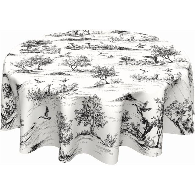 French Country Tablecloth Round Vintage Toile Black Table Cloths Circle Rustic Classic Village Table Cover Washable Wipeable Polyester Tabletop Holiday for Dining Kitchen Picnic Party Decor 60 Inch