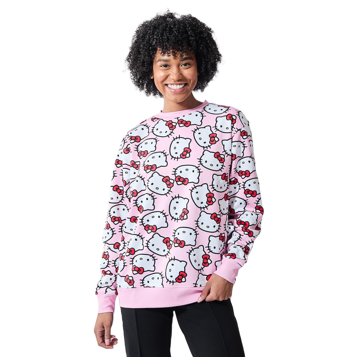Hello Kitty Character Heads All-Over Print Women's Pink Crew Neck Long Sleeve Sweatshirt-Medium
