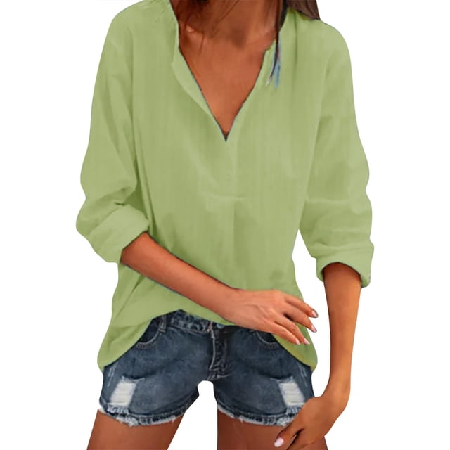 adviicd Hauts pour Femmes Décontractés Chics Col Rond Manches Longues Chemises Amples en Chiffon Blouses Unies Vert,TG
