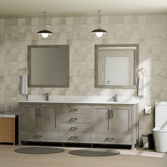 Jacques 80 in. W x 22 in. D Distressed Grey Double Bath Vanity, White Quartz Top, Faucet Set, and 30 in. Mirrors