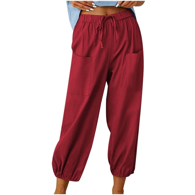 VEKDONE Womens Cotton Linen Long Pants Wine S