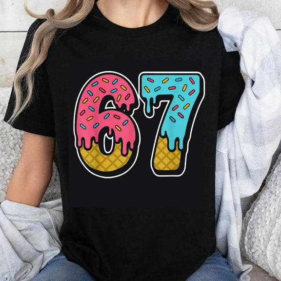 100% Cotton 67th Birthday Shirt Donut Number Design Fun Celebration T-Shirt for Women Men Party Gift Birthday Wear