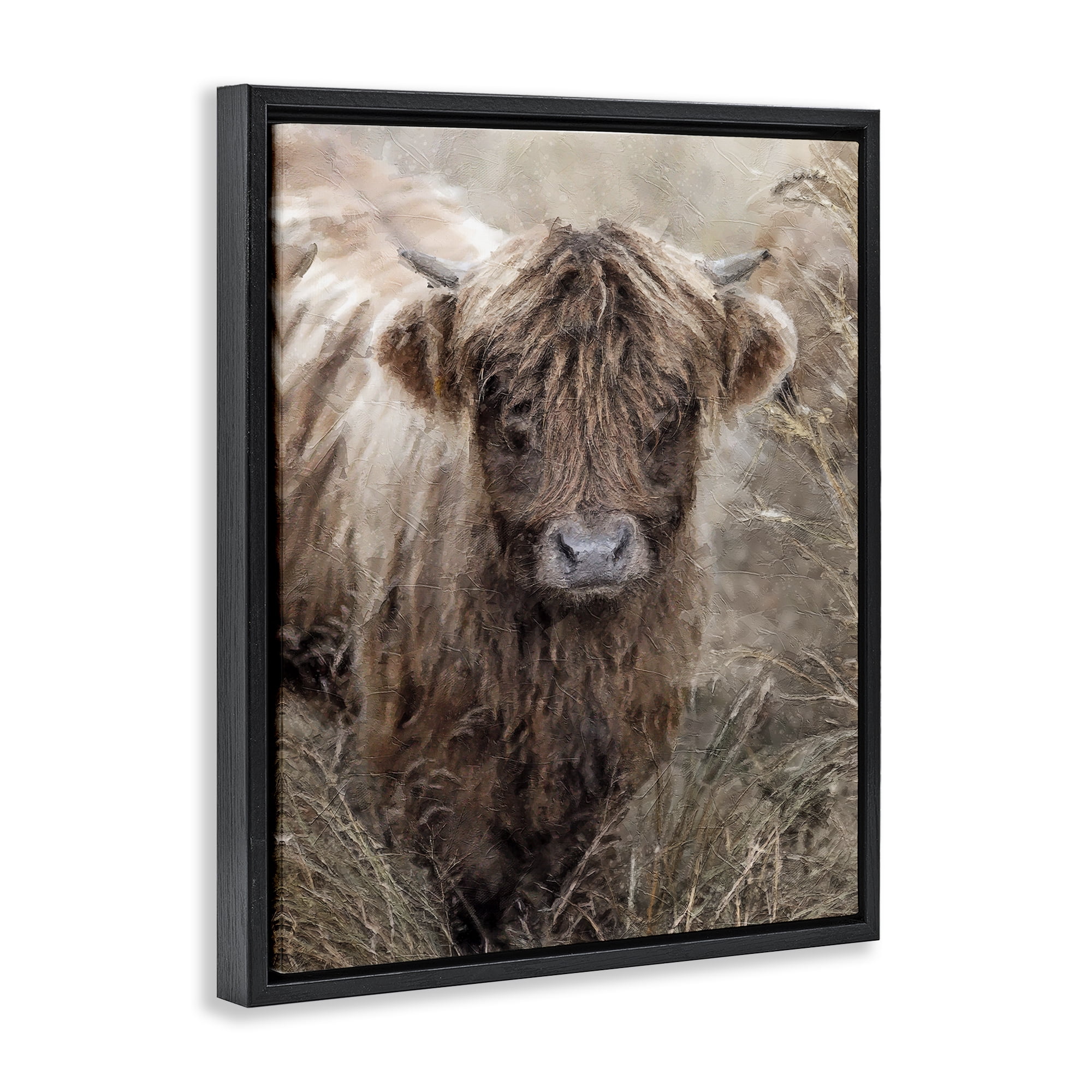Stupell Industries Baby Cattle with Reeds Animals & Insects Painting Black Floater Framed Canvas Art Print Wall Art, 25 x 31