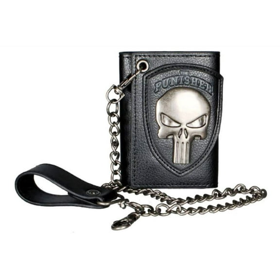 Punisher Metal Skull Logo Trifold Clutch Wallet With Chain