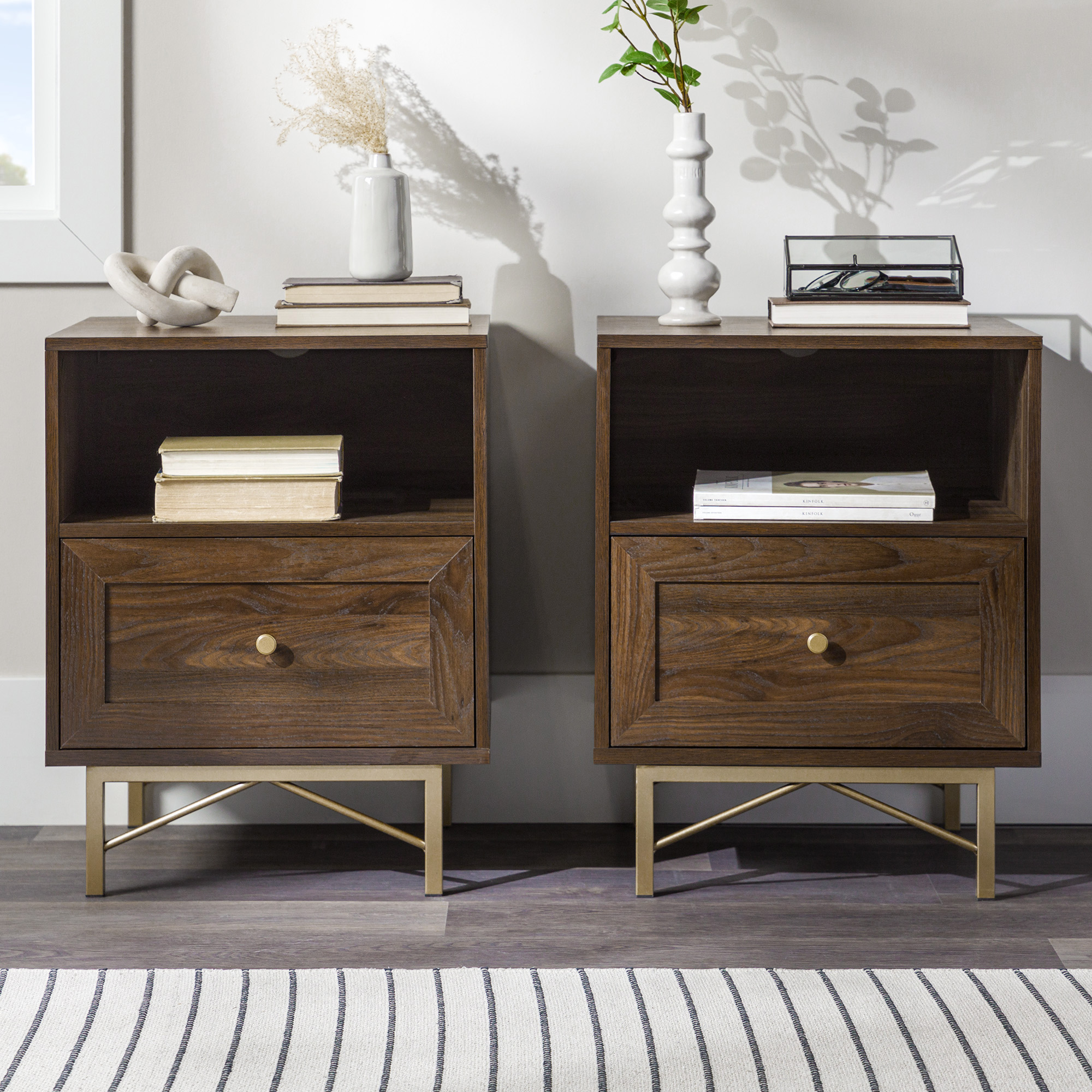 Walker Edison Modern Single Drawer Nightstand, Set of 2, Dark Walnut