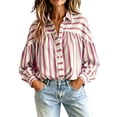 thumbnail image 2 of NTACZA Pleated Back Cute Summer Tops for Women Collared Blouson Striped Button Down Long Sleeve Shirts Work Relaxed Fit L, 2 of 9