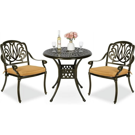 MEETWARM 3 Piece Patio Bistro Set, Outdoor All-Weather Cast Aluminum Dining Furniture Set Includes 2 Cushioned Chairs and a 31” Round Table with Umbrella Hole for Garden Deck