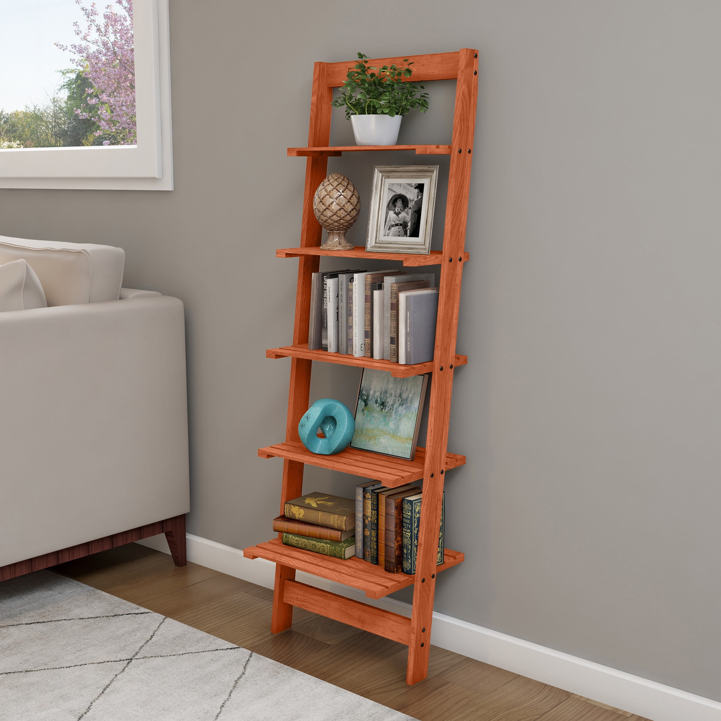 Lavish Home Cherry Finish 5-Tier Slatted Wood Leaning Ladder Shelf, Narrow Storage Bookcase