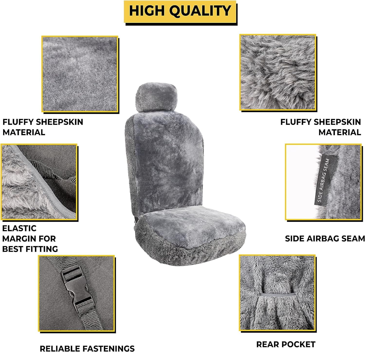 ZONETECH Car Seat Covers Full Set, 2- Pack Charcoal Grey Sheepskin Winter Wool Auto Accessories for All Season Protection of Your Seats,