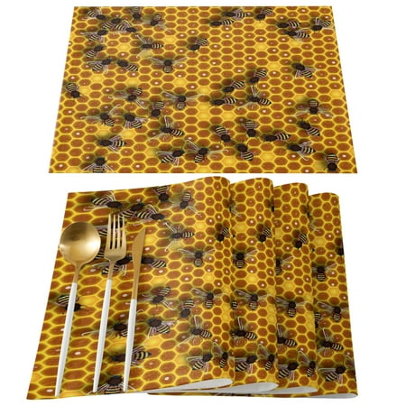 

4pcs Set Bees On The Honeycomb Table Mat For Dining Table Kitchen Accessories Linens Placemat Tea Coaster Pads